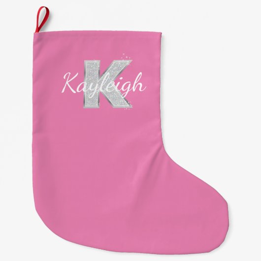 Roze Zilveren Glitter letter K Grote Kerstsok (Voorkant)