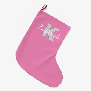 Roze Zilveren Glitter letter K Grote Kerstsok