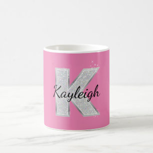 Roze Zilveren Glitter letter K Koffiemok