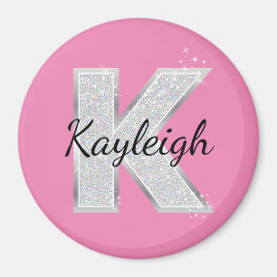Roze Zilveren Glitter letter K Magneet