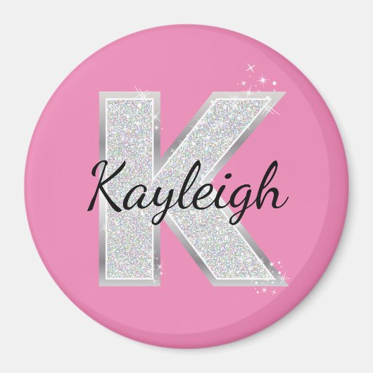 Roze Zilveren Glitter letter K Magneet (Voorkant)