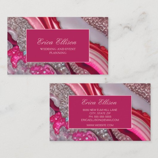 Roze Zilveren Glitter Marmeren Bruiloft Planner Visitekaartje (Voorkant / Achterkant)