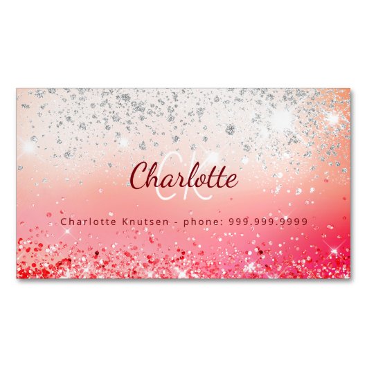 Roze Zilveren glitter monogram initialen Magnetisch Visitekaartje (Voorkant)