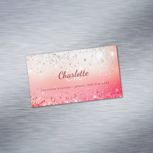 Roze Zilveren glitter monogram initialen Magnetisch Visitekaartje (Voorbeeld)