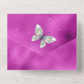 Roze zilveren glitter pailletten jurk glanzende ju all in one uitnodiging (Achterkant)