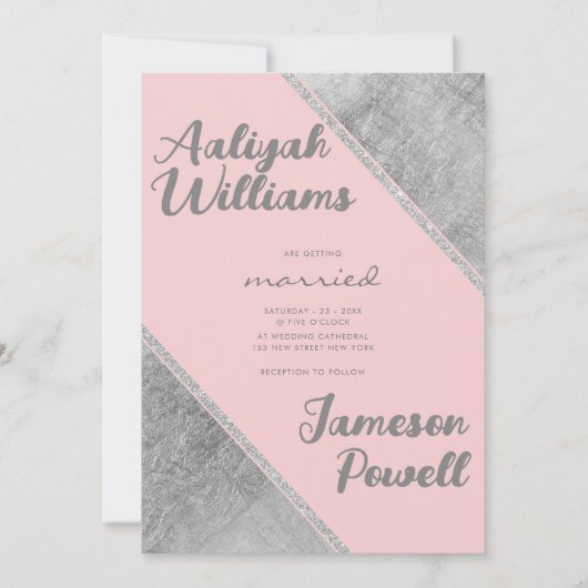 Roze zilveren glitter-scriptkalligrafie bruiloft kaart (Voorkant)