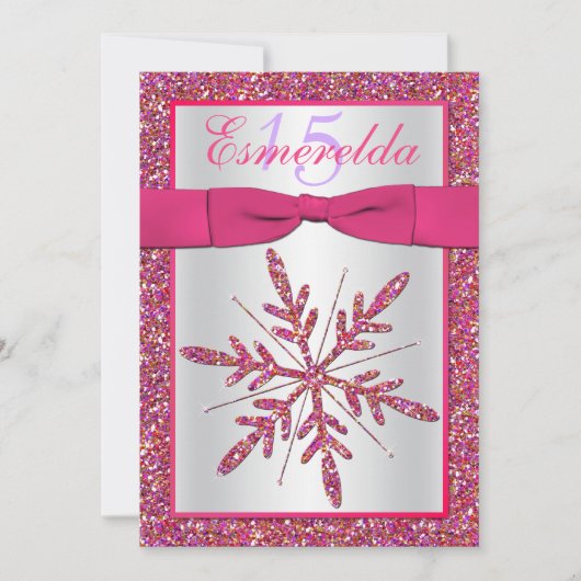 Roze, Zilveren Glitter Sneeuwvlok Quinceanera Invi Kaart (Voorkant)