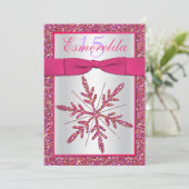 Roze, Zilveren Glitter Sneeuwvlok Quinceanera Invi Kaart (Staand voorkant)