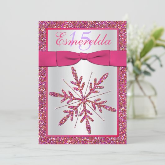 Roze, Zilveren Glitter Sneeuwvlok Quinceanera Invi Kaart (Staand voorkant)