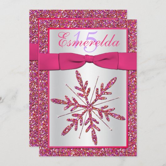 Roze, Zilveren Glitter Sneeuwvlok Quinceanera Invi Kaart (Voorkant / Achterkant)