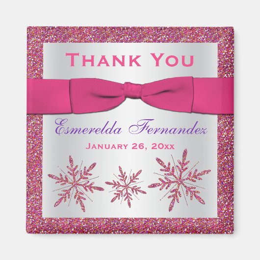 Roze, zilveren glitter Snowflakes Favor Magnet (Voorkant)