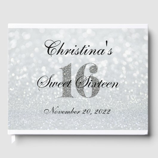 Roze Zilveren Glitter Sweet 16 Custom Guest Book Gastenboek (Voorkant)