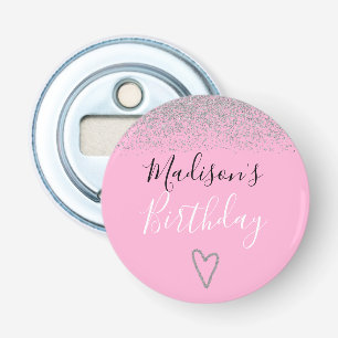 Roze Zilveren Glitter Vonken Hart Verjaardag Button Flesopener