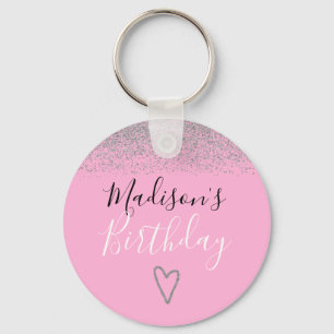 Roze Zilveren Glitter Vonken Hart Verjaardag Sleutelhanger