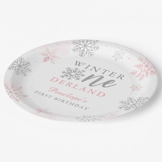 Roze Zilveren Glitter Winter Onederland 1e verjaar Papieren Bordje (Gekanteld)