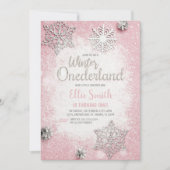  Roze Zilveren Glitter Winter Onederland Kaart (Voorkant)