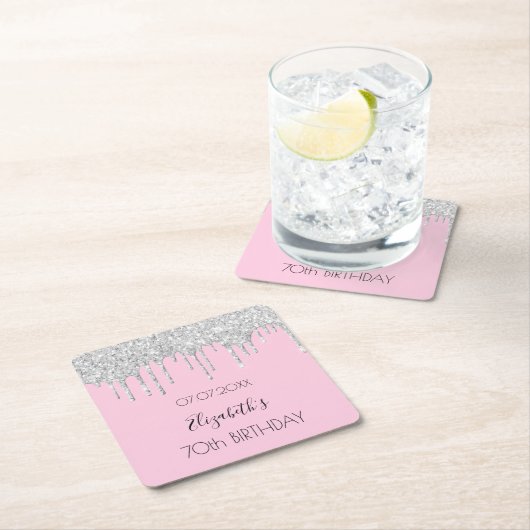 Roze zilveren glitters druppels naam verjaardag kartonnen onderzetters (Insitu)