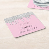 Roze zilveren glitters druppels naam verjaardag kartonnen onderzetters (Schuin)