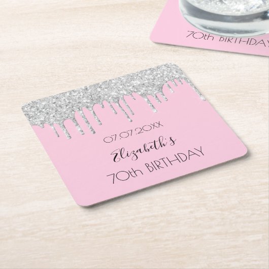 Roze zilveren glitters druppels naam verjaardag kartonnen onderzetters (Schuin)