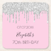 Roze zilveren glitters druppels naam verjaardag kartonnen onderzetters (Voorkant)