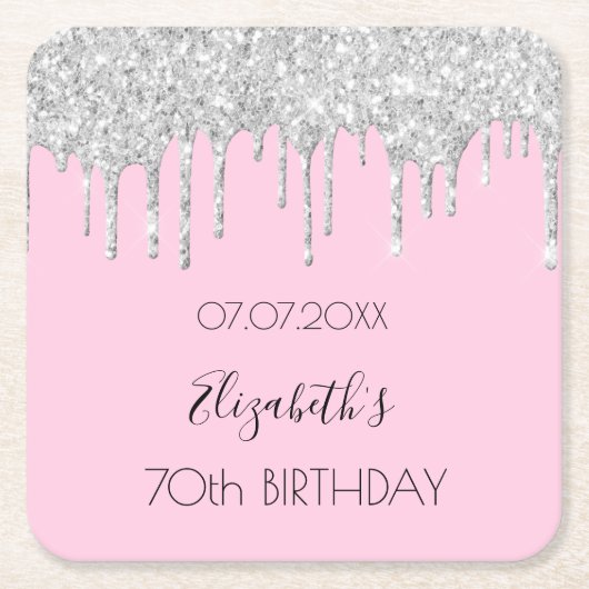 Roze zilveren glitters druppels naam verjaardag kartonnen onderzetters (Voorkant)