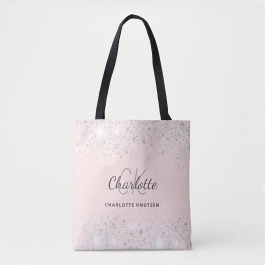 Roze zilveren glitters monogram naam tote bag (Voorkant)