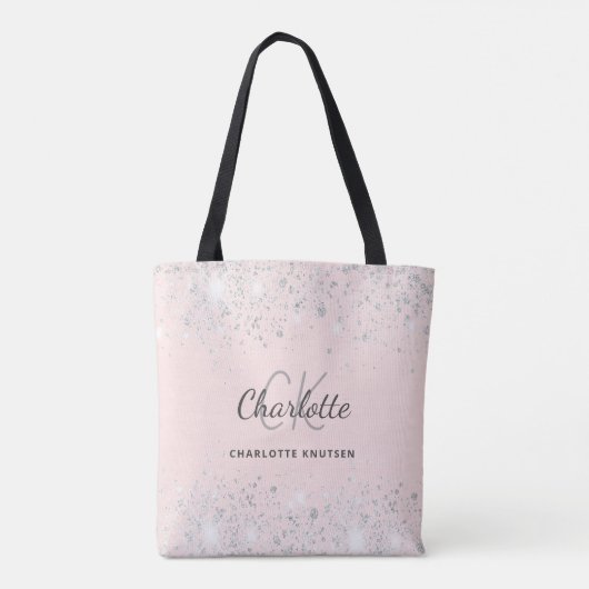 Roze zilveren glitters monogram naam tote bag (Achterkant)