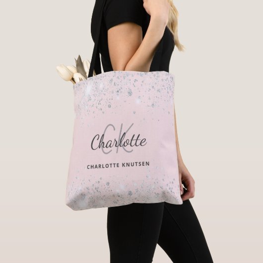Roze zilveren glitters monogram naam tote bag (Dichtbij)