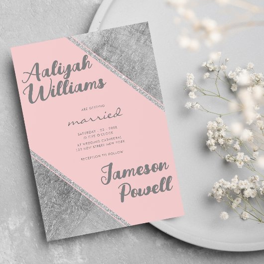 Roze zilveren glitterscript kalligrafie bruiloft kaart