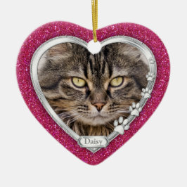 Roze Zilveren Hart Huisdier Kat Memorial Foto Kers Keramisch Ornament