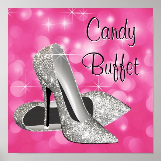 Roze Zilveren Hoge Hak Schoen Candy Buffet Bord Poster (Voorkant)