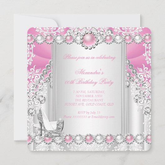 Roze Zilveren Hoge Hakken Parel Verjaardagsfeest 3 Kaart (Voorkant)