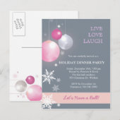 Roze, zilveren kerstballen Dinner Party Uitnodiging Briefkaart (Voorkant / Achterkant)