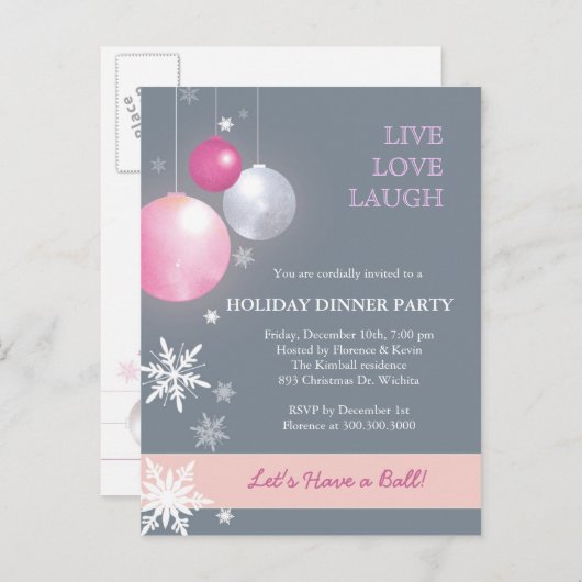 Roze, zilveren kerstballen Dinner Party Uitnodiging Briefkaart (Voorkant / Achterkant)