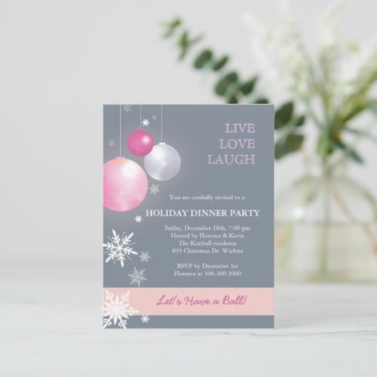Roze, zilveren kerstballen Dinner Party Uitnodiging Briefkaart (Staand voorkant)