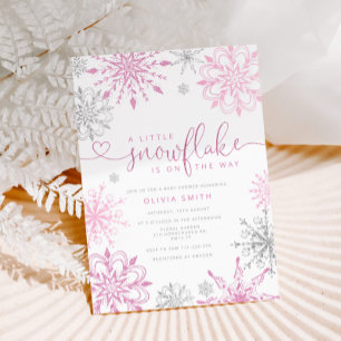 Roze zilveren kleine sneeuwvlok meisje baby shower kaart