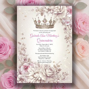 Roze Zilveren Kroon Bloemige Quinceañera Kaart