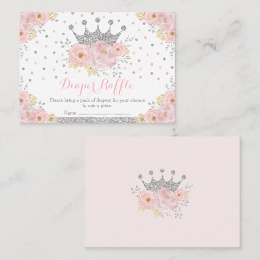 Roze Zilveren Kroon Prinses Baby Meisje Luier Raff Informatiekaartje (Voorkant / Achterkant)