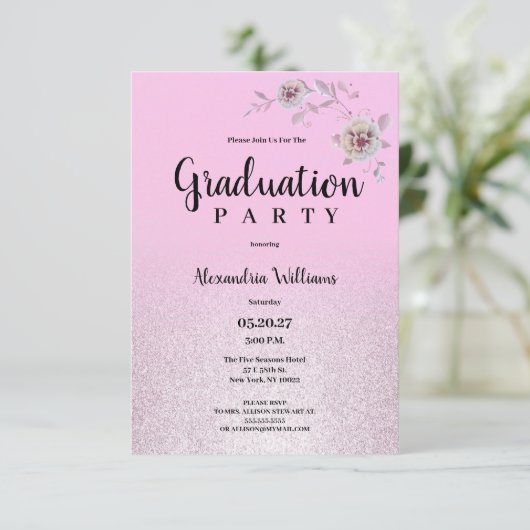 Roze zilveren lavendel glitter bloem Afstuderen Kaart (Staand voorkant)