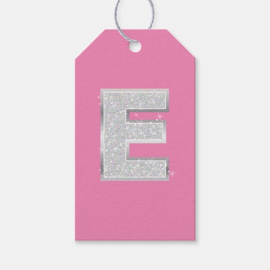 Roze zilveren letter E Cadeaulabel (Voorkant)