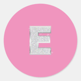 Roze zilveren letter E Ronde Sticker