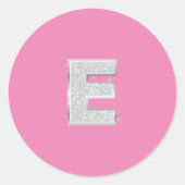 Roze zilveren letter E Ronde Sticker (Voorkant)