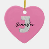 Roze zilveren letter J Keramisch Ornament (Voorkant)