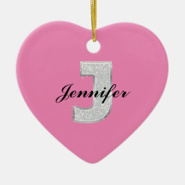 Roze zilveren letter J Keramisch Ornament