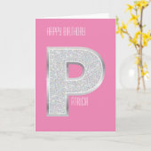 Roze Zilveren Letter P Kaart (Gele Bloem)
