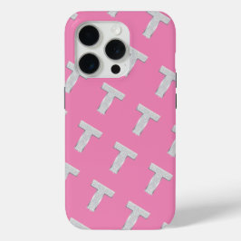 Roze zilveren letter T iPhone 15 Pro Case