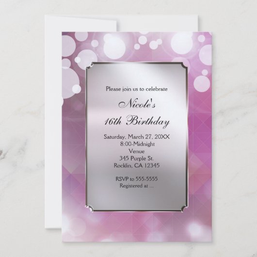 Roze Zilveren Lichten Glam Verjaardagsfeestuitnodi Kaart (Voorkant)