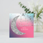 Roze Zilveren Maan & Sterren Baby Douche Uitnodigi Kaart (Staand voorkant)