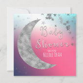 Roze Zilveren Maan & Sterren Baby Douche Uitnodigi Kaart (Voorkant)