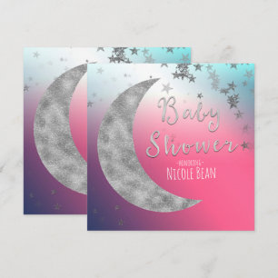 Roze Zilveren Maan & Sterren Baby Shower Uitnodigi Kaart